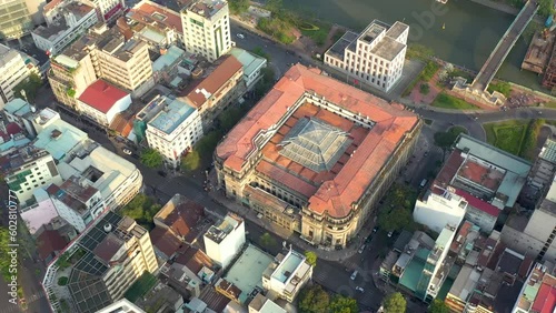 Ho Chi Minh City, Vietnam - May, 2023: Aerial view of center of Saigon riverside at Ho Chi Minh City, Vientam in sunrise or sunset photo