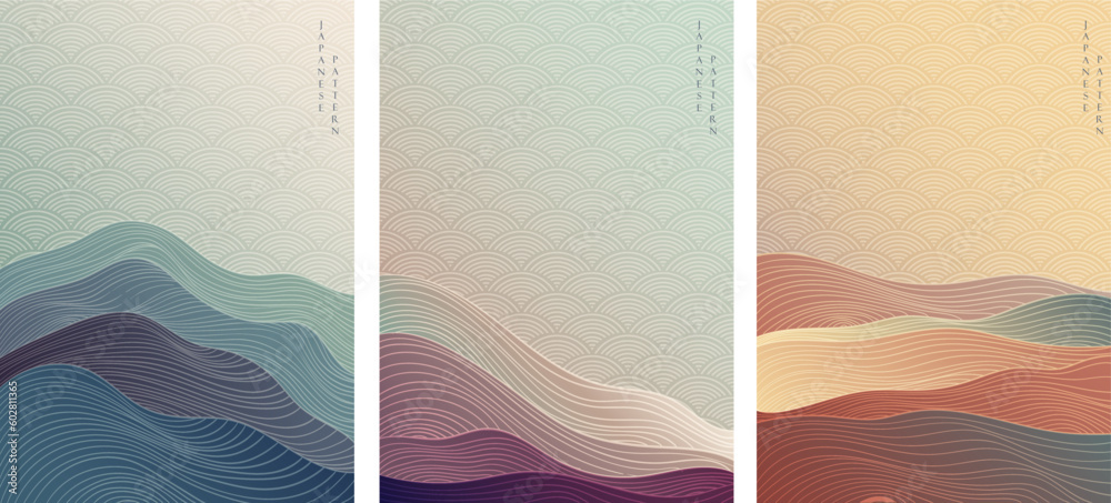 Japanese background with line wave pattern vector. Abstract template with geometric pattern. Mountain layout design in oriental style.  - obrazy, fototapety, plakaty 