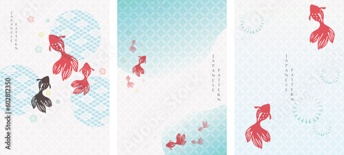 Japanese background with gold fish vector. Asian pattern with icon elements. Water and river template in vintage style.