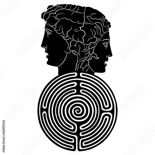 Janiform head with two faces on top of a round spiral maze or labyrinth symbol. Theseus and Ariadne. Janus as man and woman. Creative concept. Duality and mystery of love. Black and white silhouette.