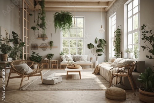 Scandinavian style living room with background of indoor plants. Generative AI