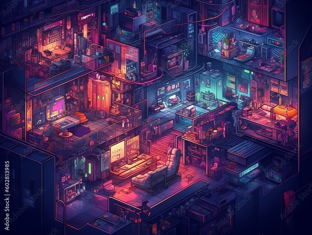 House interior with isometric style and cyberpunk style, futurustic with purple and blue color tone. Generative ai