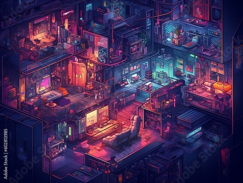 House interior with isometric style and cyberpunk style  futurustic with purple and blue color tone. Generative ai