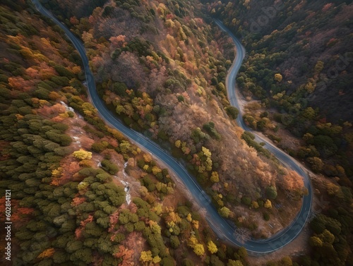 Aerial view of the road on the mountain with forest arround. Generative ai
