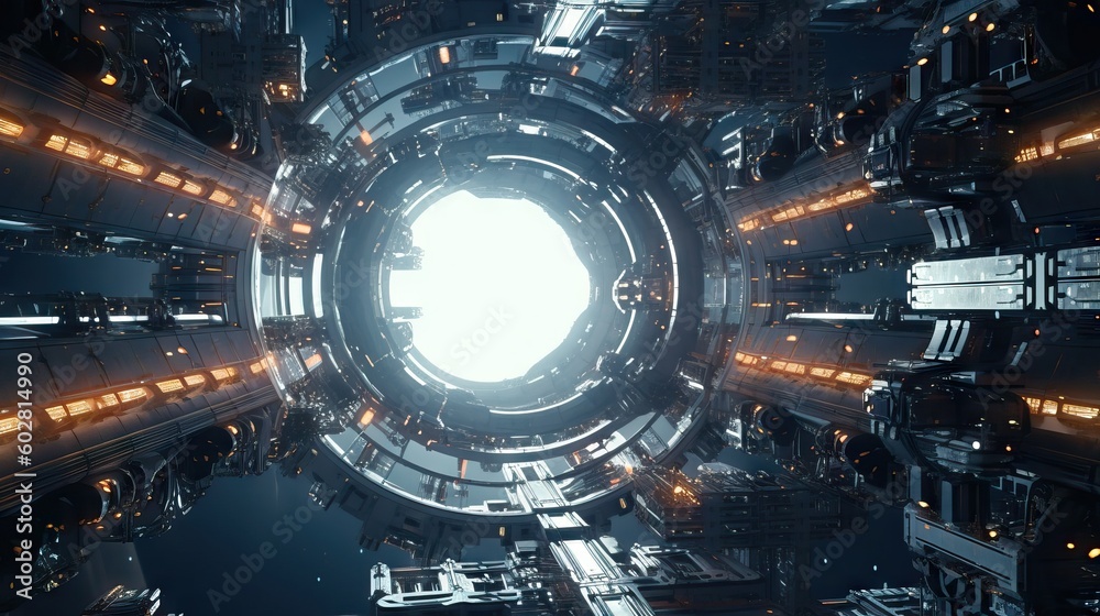 Galaxy starship interior with neon lights, futuristic cinema style scene Galaxy starship interior with neon lights, futuristic cinema style scene