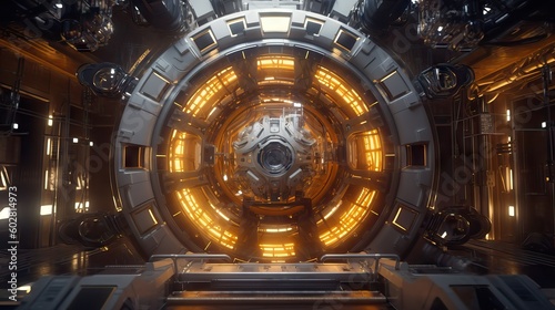 Galaxy starship interior with neon lights  futuristic cinema style scene