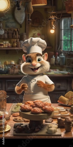 Funny animated cocking squirrel, character from a animated movie like, kids cartoon