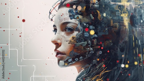 Futuristic human AI interface conceptual image, nano machine, big data deep learning concept, machine future near