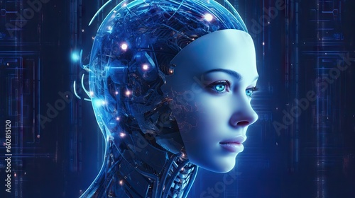 Futuristic human AI interface conceptual image  nano machine  big data deep learning concept  machine future near