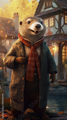 Animated funny otter in 1800 clothes, elegant animal, smart and astute