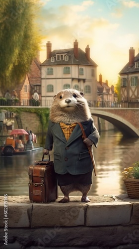 Animated funny otter in 1800 clothes, elegant animal, smart and astute