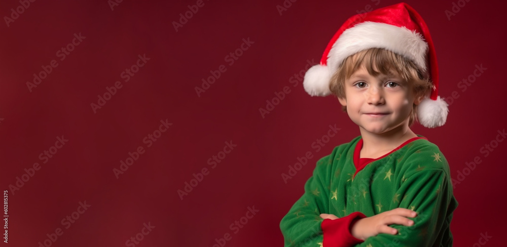 a smiling girl child dressed as santa clause's soft solid dark red and green background  generative ai