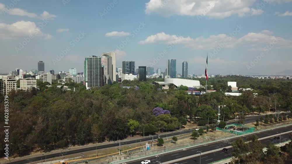 Mexico city aereal drone view, Chapultepec park and Polanco area hotels, Reforma avenue and skyscrapers Mexico city aereal drone view, Chapultepec park and Polanco area hotels, Reforma avenue and skyscrapers