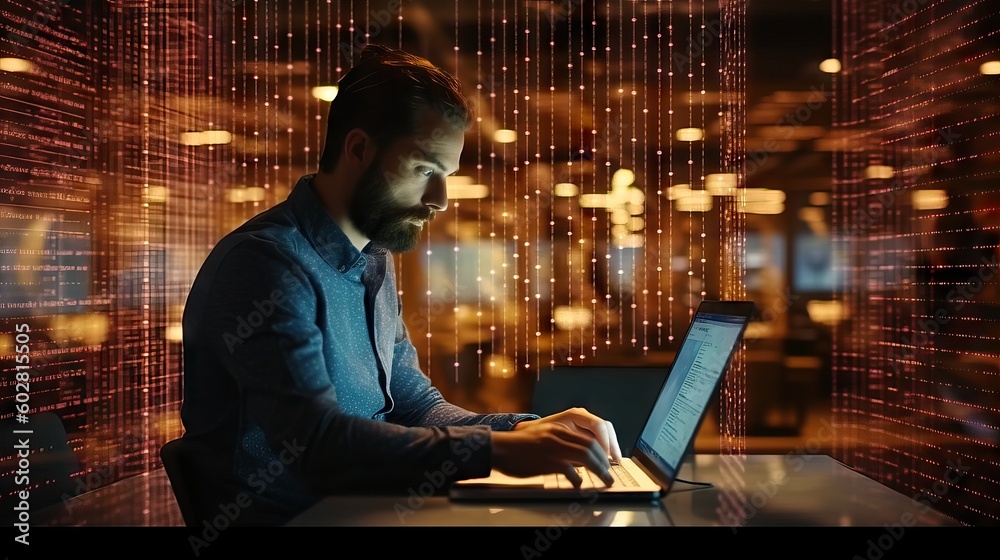 Young entrepreneur man working on his laptop at a table in a modern office space, cyber space big data concept, using information Young entrepreneur man working on his laptop at a table in a modern office space, cyber space big data concept, using information