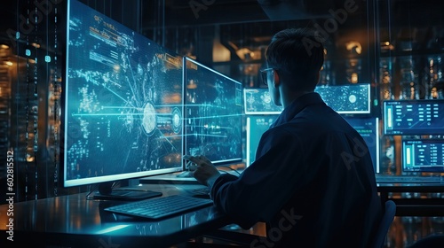 Young entrepreneur man working on his laptop at a table in a modern office space  cyber space big data concept  using information