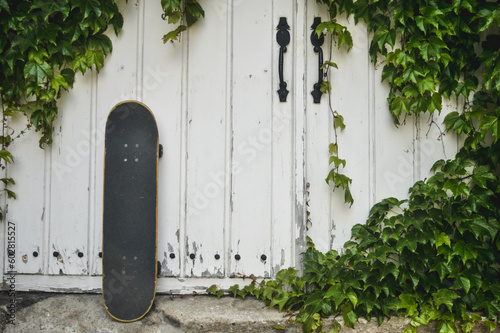 skateboard on white wooden door and nature leaves photo