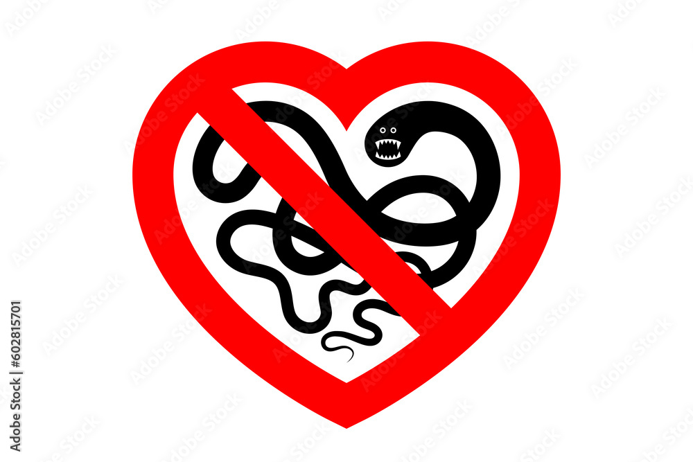 Prohibitory sign shaped like heart symbol and black worm inside Prohibitory sign shaped like heart symbol and black worm inside