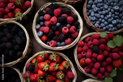Fresh berries in baskets overhead view, generative AI