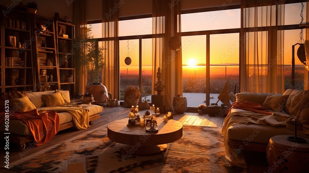 Golden hour, earthy colors, amazing feng shui, cozy room, interior design concept, Golden hour, earthy colors, amazing feng shui, cozy room, interior design concept,