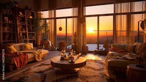 Golden hour, earthy colors, amazing feng shui, cozy room, interior design concept, © Banana Images