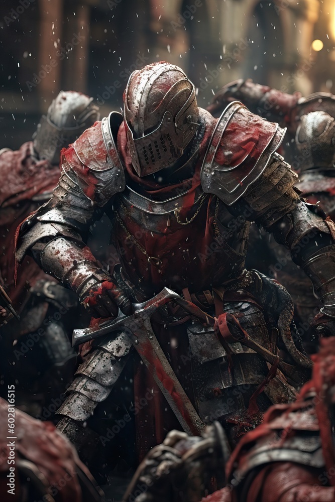 Knights in armor fighting some other characters, in the style of ...