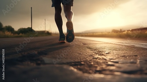 Legs of a runner on the road in the sunset. Sport action and human challenge concept. Training to lose weight .