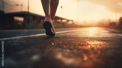 Legs of a runner on the road in the sunset. Sport action and human challenge concept. Training to lose weight .