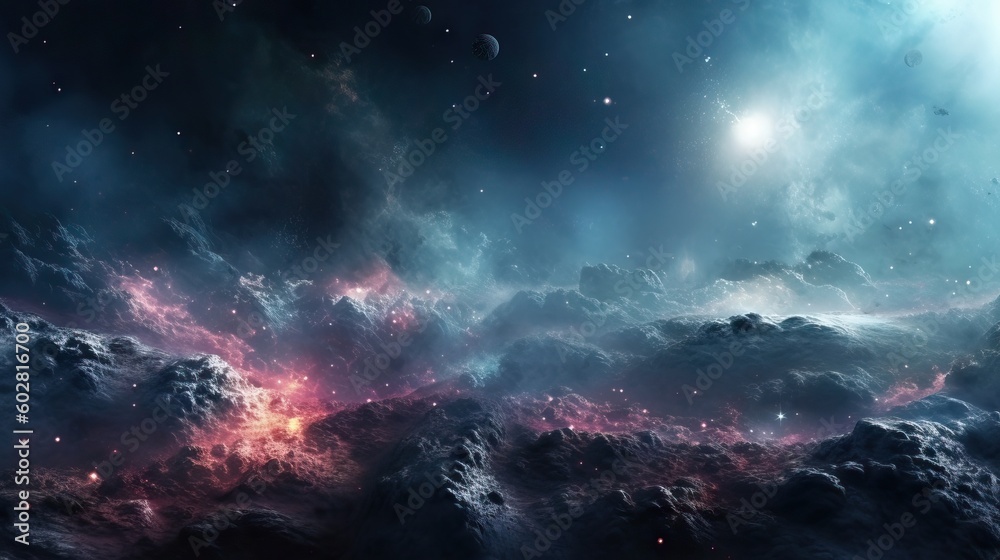 Space scene with multiple planets and stars, movie like frame, cinematic ambient and colors