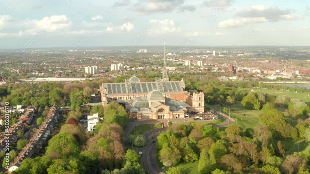 Rising profile aerial shot of Alexandra Palace with Wood Green in the background Rising profile aerial shot of Alexandra Palace with Wood Green in the background