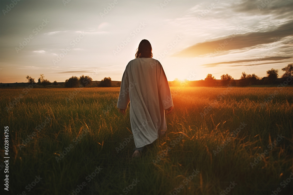 Jesus, Christ, Lord walking in a beautiful field in a sunset, paradise, holy