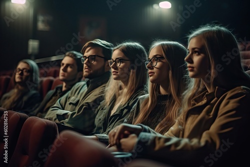 Diverse audience watching a film in a cinema, back to the cinema classics concept, fun with friends