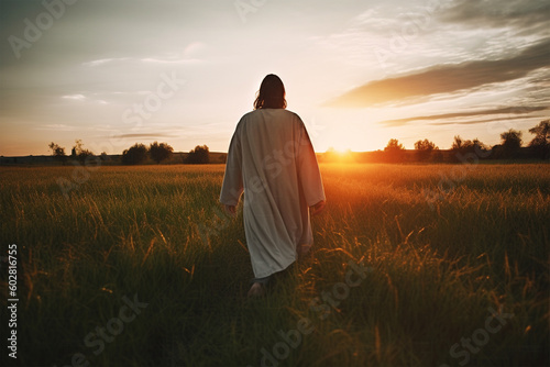 Fototapete Jesus, Christ, Lord walking in a beautiful field in a sunset, paradise, holy