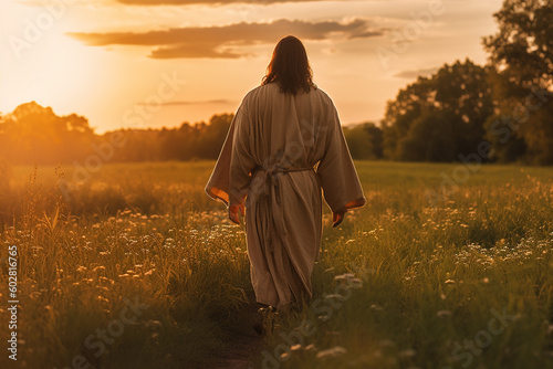Leinwand Poster Jesus, Christ, Lord walking in a beautiful field in a sunset, paradise, holy