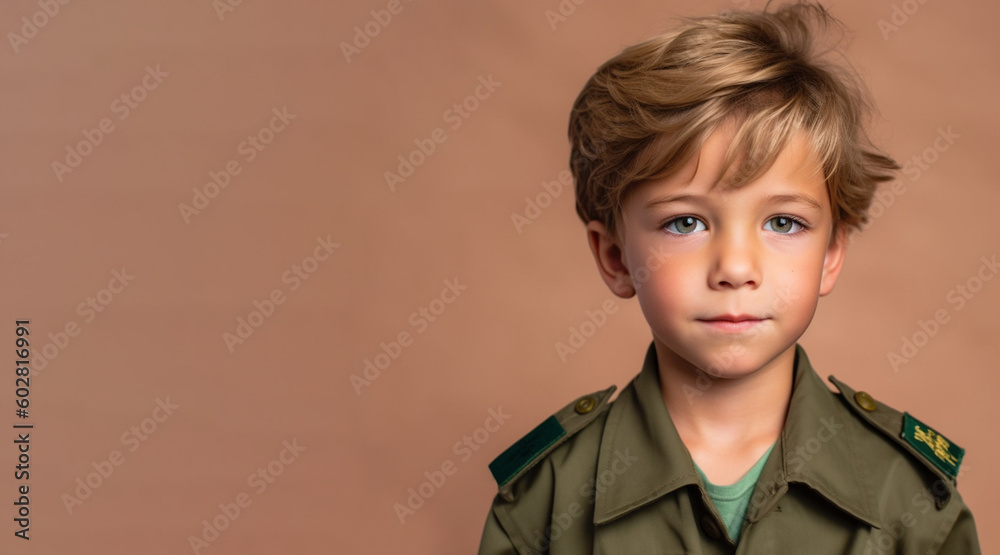 a smiling europe's boy child dressed as a soldier's soft solid brown dark green background generative ai a smiling europe's boy child dressed as a soldier's soft solid brown dark green background generative ai