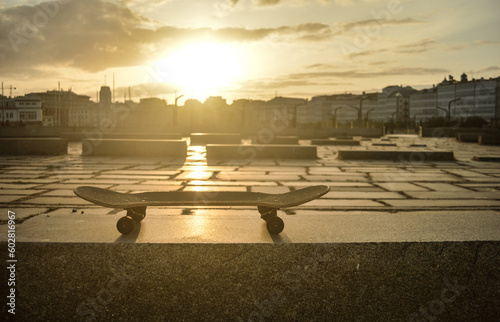 skateboard in a sunset on the street