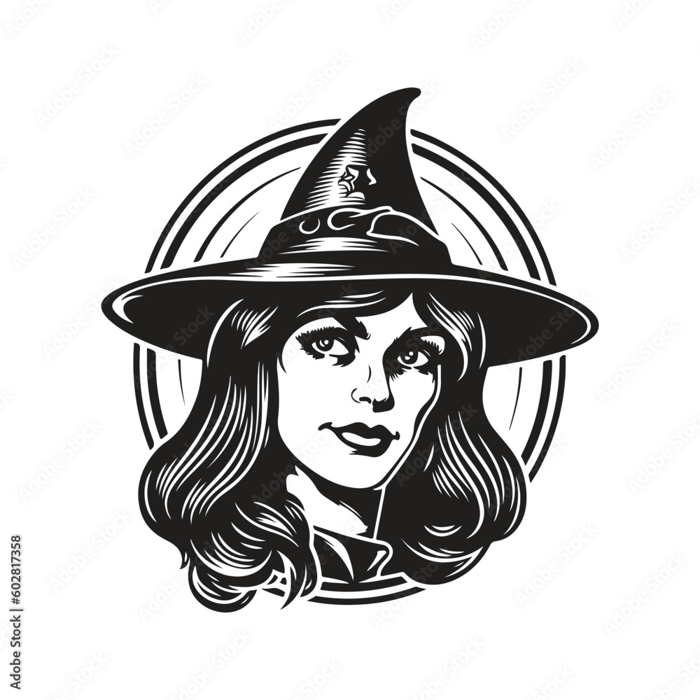 magic user megalomania, vintage logo line art concept black and white color, hand drawn illustration
