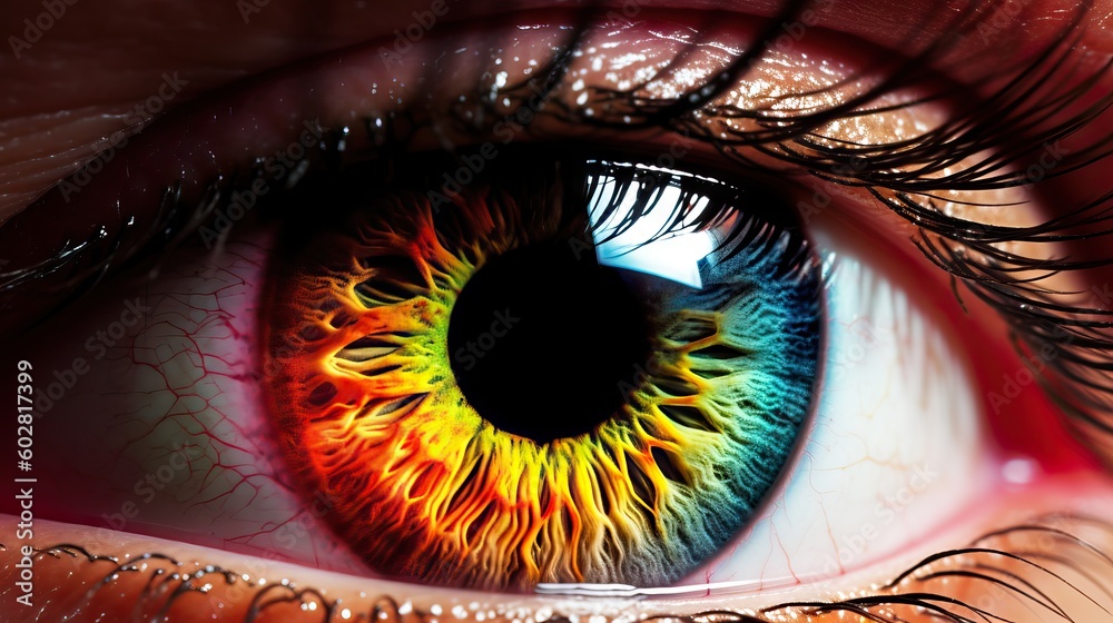 Macro image of a mesmerizing blue eye with a vibrant yellow and orange iris