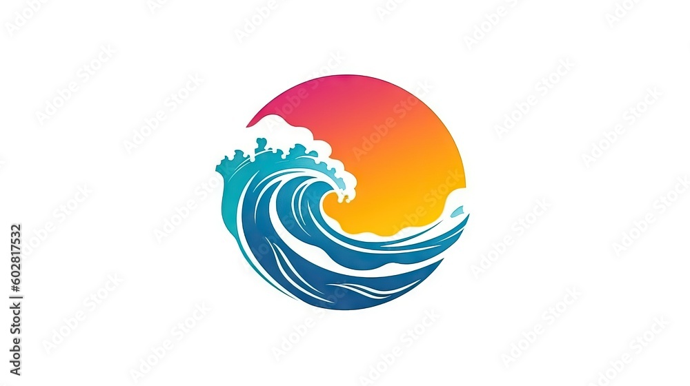 Fototapeta premium Minimalist logo illustration of a wave ocean during a sunset, travel and adventure, surf and aquatic sports