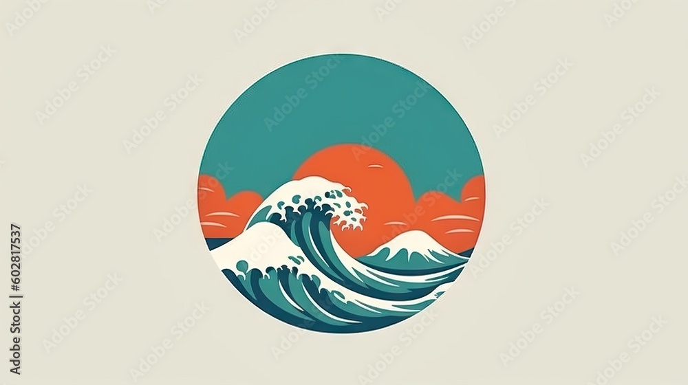 Obraz premium Minimalist logo illustration of a wave ocean during a sunset, travel and adventure, surf and aquatic sports