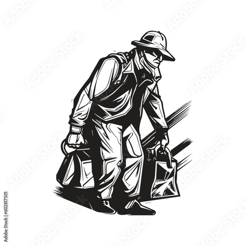 unhealthy forceful trader, vintage logo line art concept black and white color, hand drawn illustration