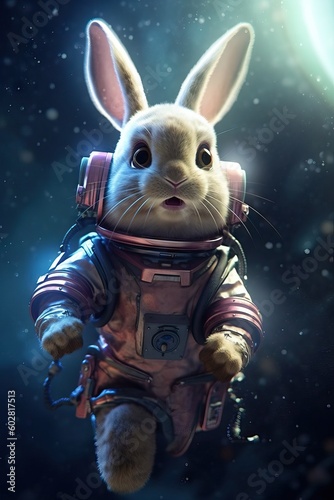 Cute and funny bunny in astronaut suit, cartoon for children, learning about the galaxy © Banana Images