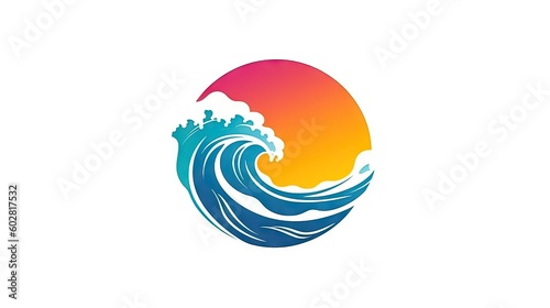 Minimalist logo illustration of a wave ocean during a sunset, travel and adventure, surf and aquatic sports