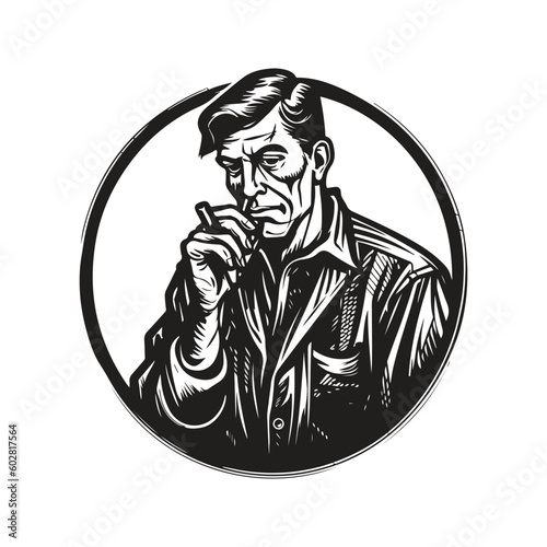 unhealthy forceful trader, vintage logo line art concept black and white color, hand drawn illustration