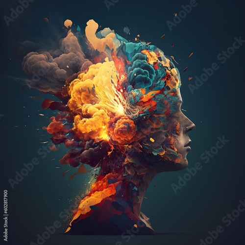 Human brain explosion, cognitive overload, mental health, psychology and neurology concept, Generative AI