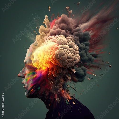Human brain explosion, cognitive overload, mental health, psychology and neurology concept, Generative AI