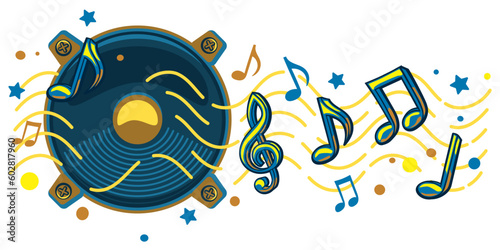 Colorful loudspeaker with clef and notes - musical melody design