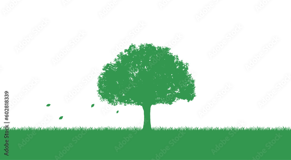大木と草原のシンプルな緑のシルエット