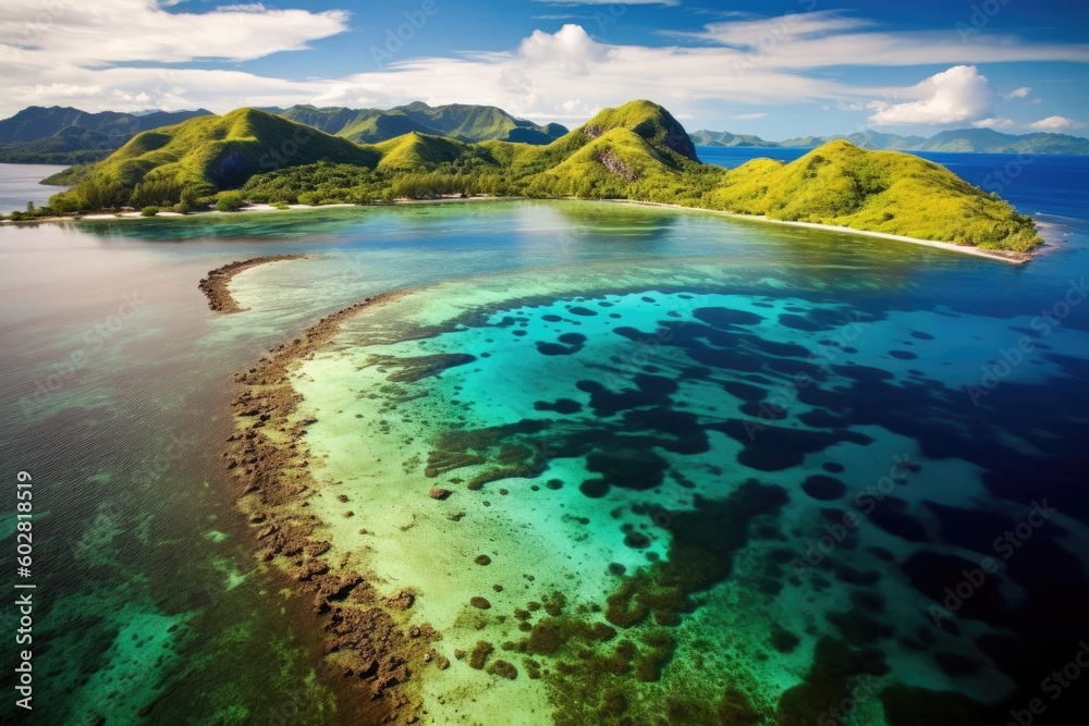 Fiji Island Scuba Snorkeling Diving in Paradise Paradise, with Beaches and Tropics in the Pacific Ocean, Stunning Scenic Seascape Wallpaper, Coral Reef and Marine Life, Generative AI