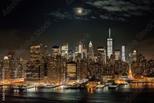 New York City Skyline with Full Moon at Night  Lower Manhattan  One World Trade Center  Skyscrapers   Stunning Scenic Landscape Wallpaper  Generative AI