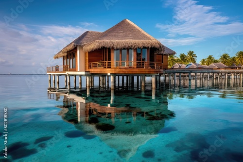 Maldives Islands Water Villas and Overwater Bungalows in Paradise, Romantic Honeymoon Getaway, Stunning Travel Scenic Landscape Wallpaper, Generative AI